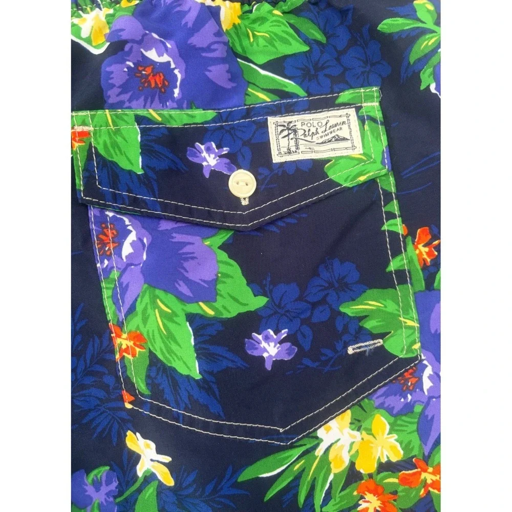 Polo Ralph Lauren Men M Floral Swim Trunks Navy Blue Tropical Hibiscus Short NEW